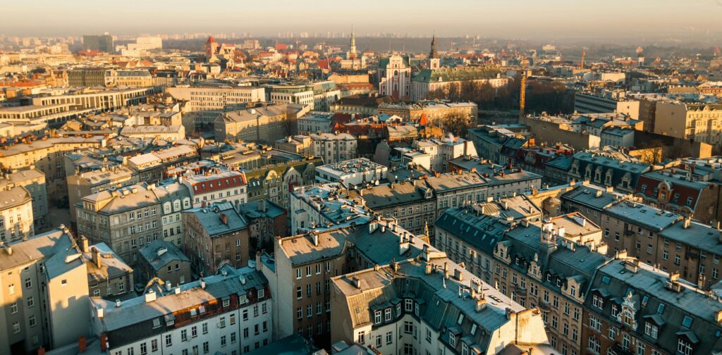 Captivating aerial view of Poznań's historic skyline showcasing its beautiful architecture.
